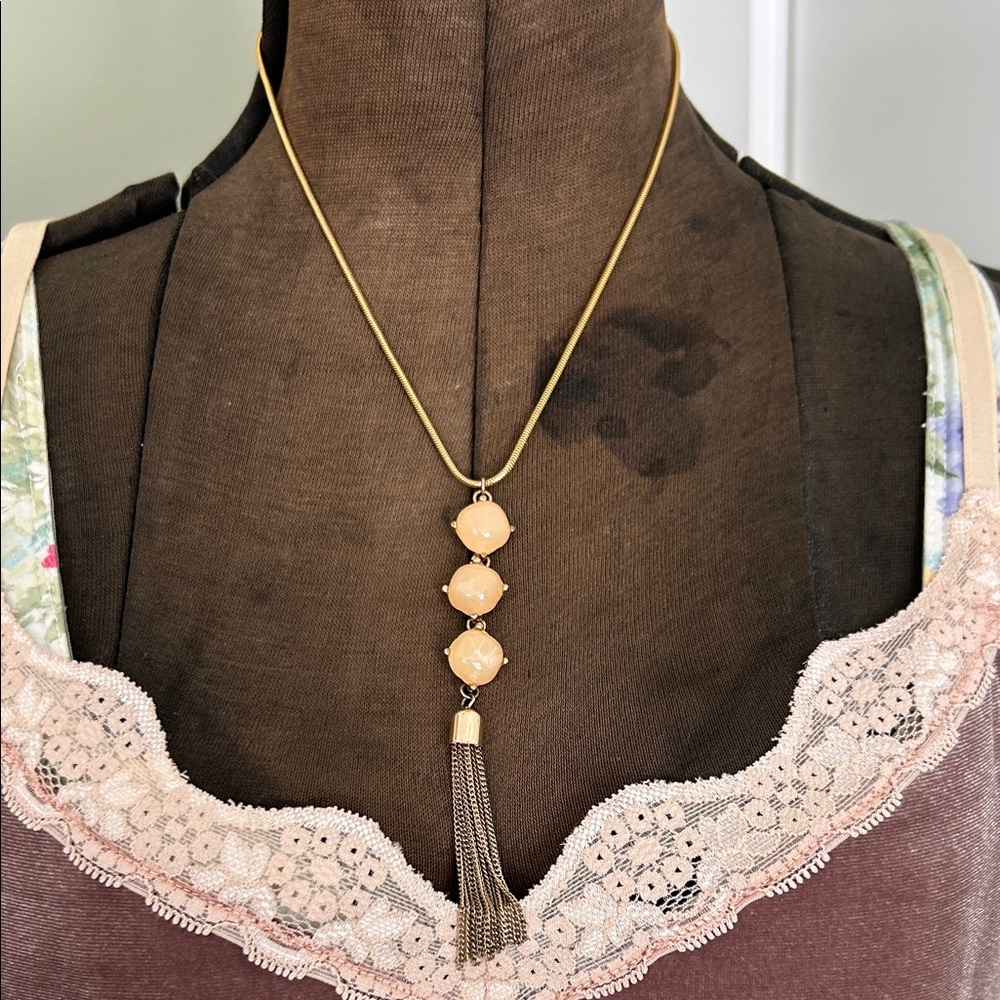 Tassel necklace gold tone plastic stones pretty color shape 
See photos for size